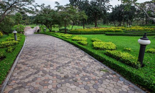 The Stone block walk path in the park with green grass background